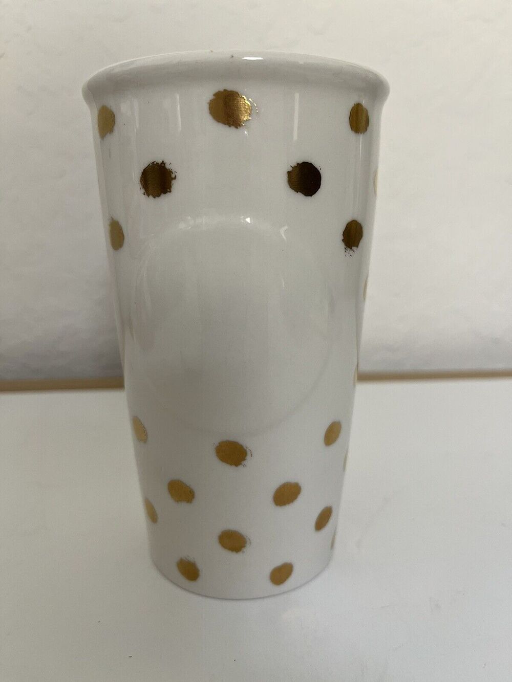 Starbucks Ceramic 2014 Gold Polka Dot Collection Travel Mug Tumbler w Lid 10 oz